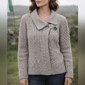 Aran Crafts Irish Merino Wool Cable Knit Gray Cardigan Sweater‎ Small Like New